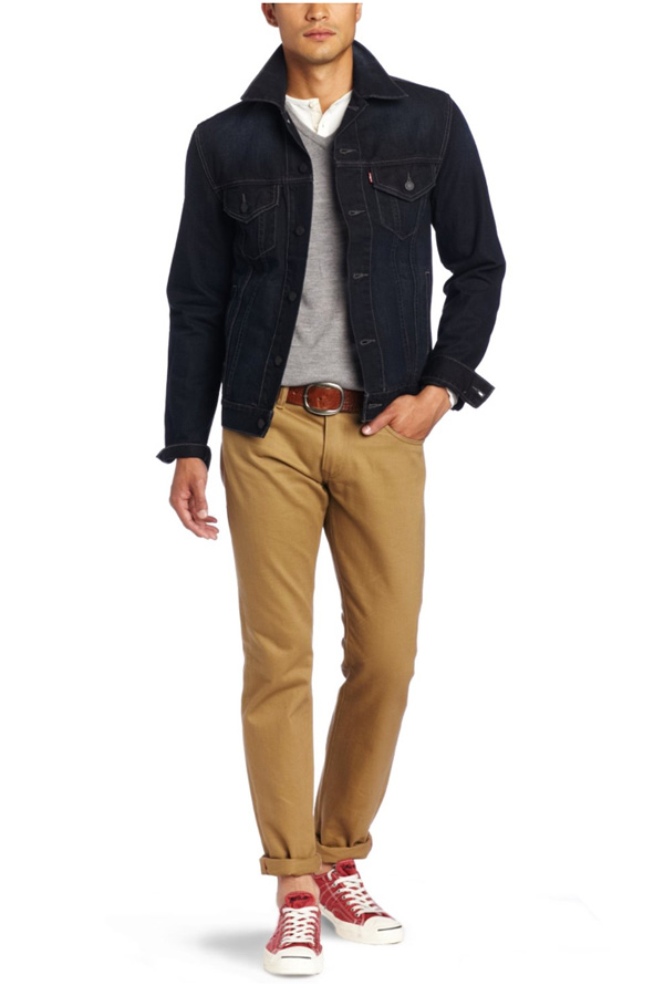 Bryan Carle THOB Original Men Clothing Jacket Button Up Denim Dark Wash Indigo Levis Top White Button Up Henley Gray V Neck Sweater Bottoms Tan Khaki Chinos Belt Cognac Brown Tumbled Leather Shoes Canvas Lace Ups Red Converse