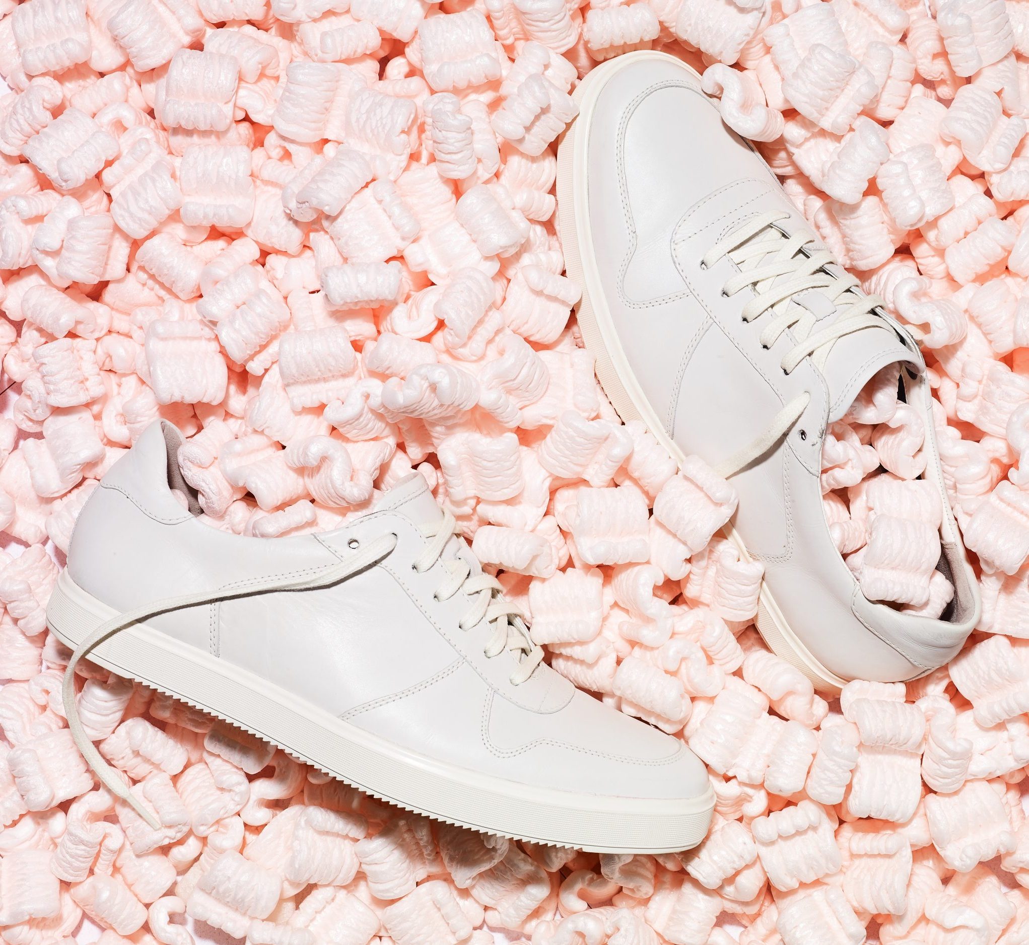 Bryan Carle THOB Original Editorial Men Shoes Clarks Dove Grey Laceups Modern Contemporary Packing Peanuts Pink Peach