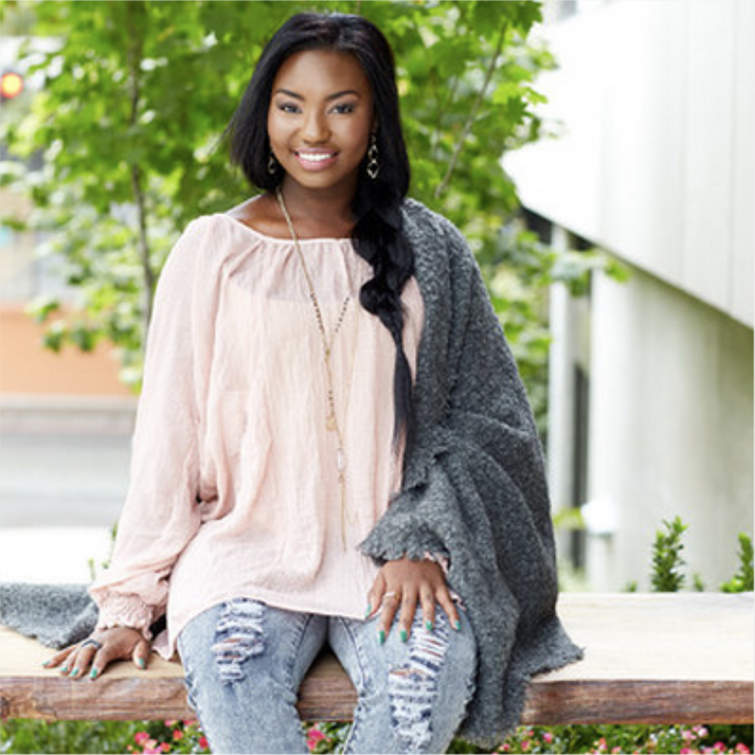 Bryan Carle THOB Original Editorial Women Clothing Pink Top Grey Scarf Sitting Outside