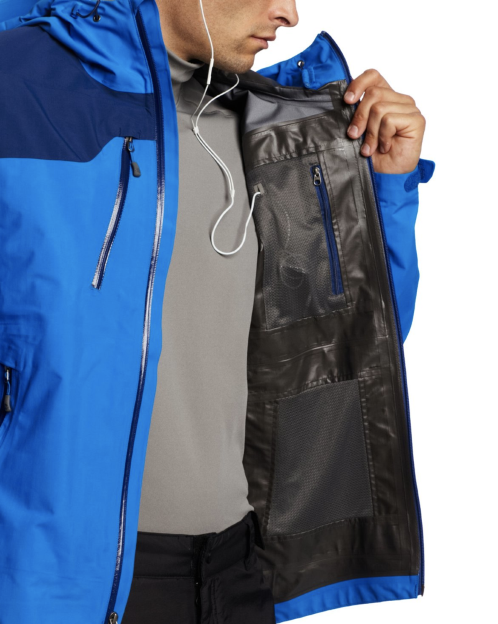 Bryan Carle THOB Original AF Men Outdoor Jacket Blue Navy Blue Outdoor Research Detail Inside Profile Interior Pocket Zipper Stylist On Figure In Studio White Background Ecommerce