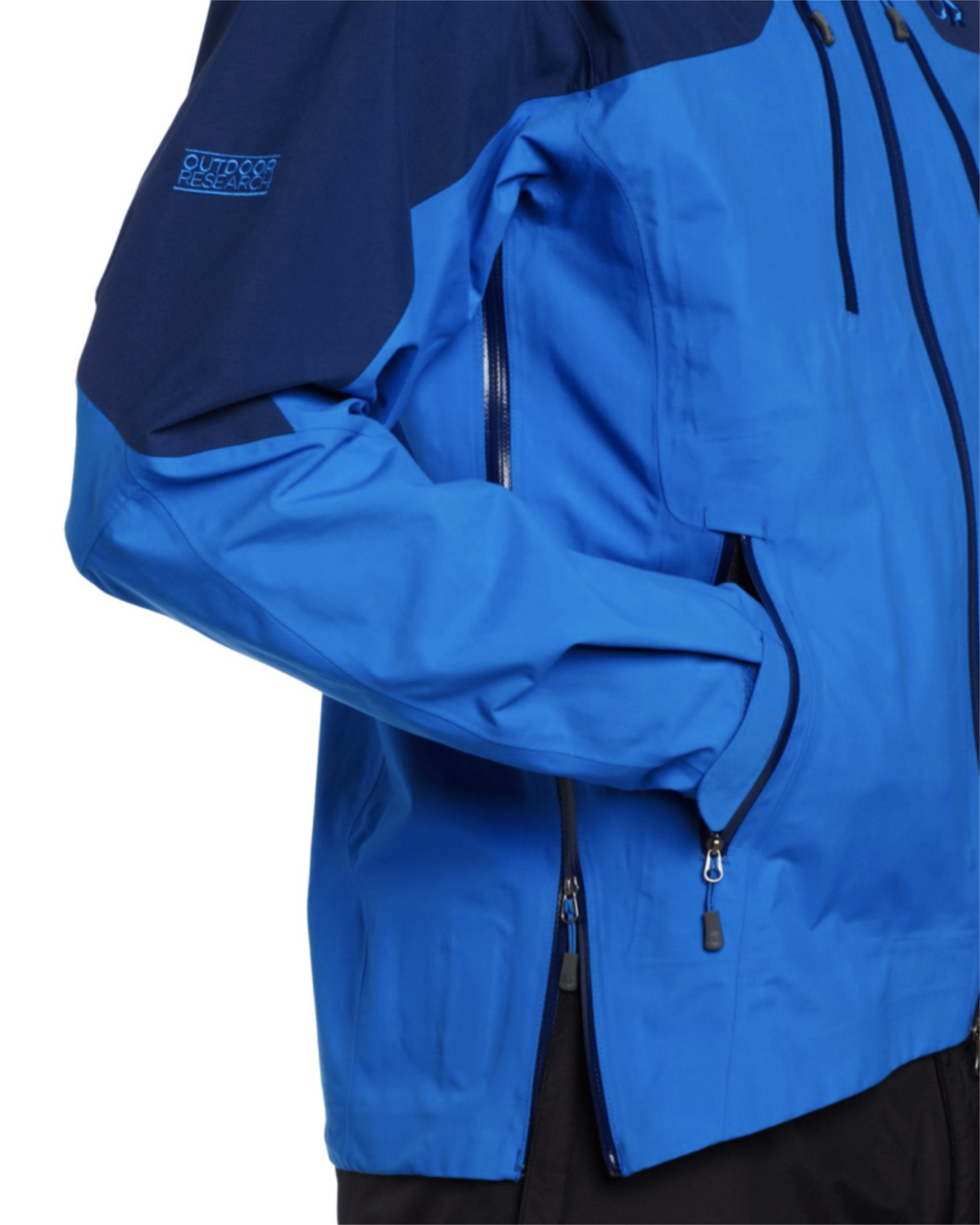 Bryan Carle THOB Original AF Men Outdoor Jacket Blue Navy Blue Outdoor Research Detail Side Zipper Stylist On Figure In Studio White Background Ecommerce