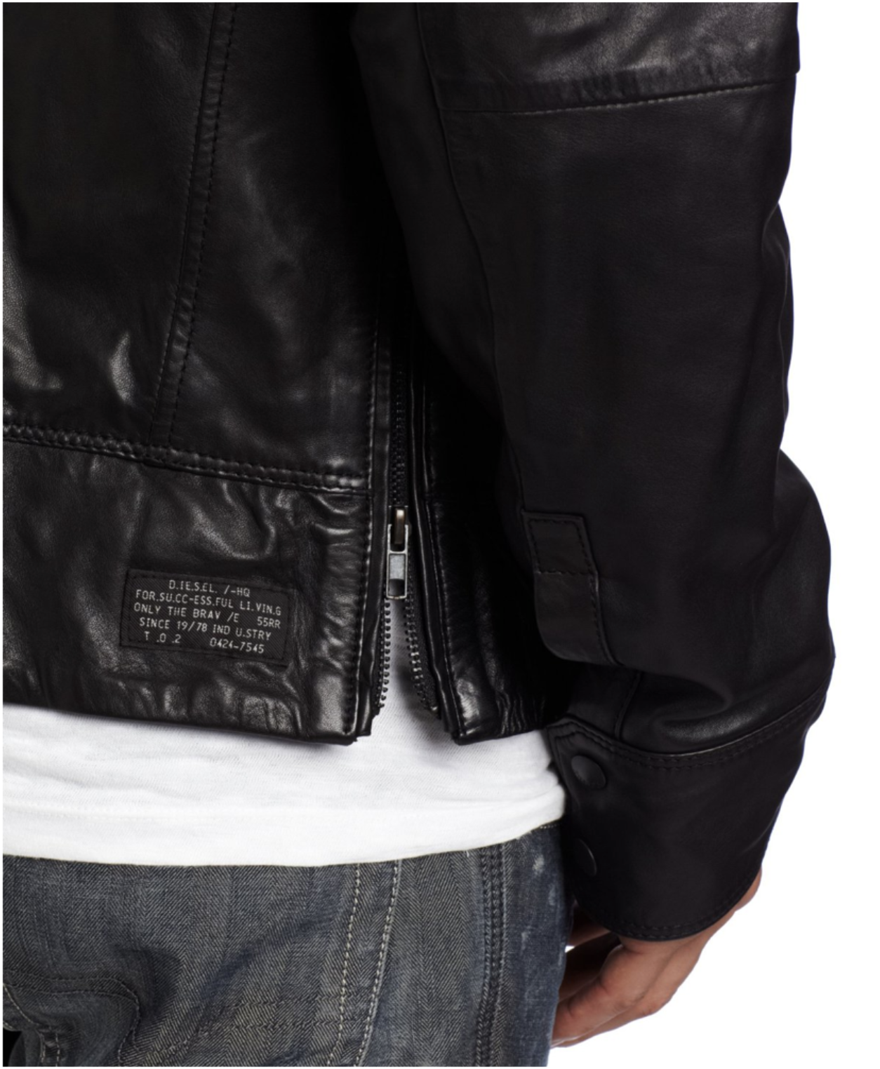 Bryan Carle THOB Original AF Men Leather Jacket Black Diesel Side Back Detail Zipper White T Shirt Distressed Blue Denim Bottoms Diesel Only The Brave Contemporary Modern Urban Classic In Studio Stylist On Figure White Background Ecommerce