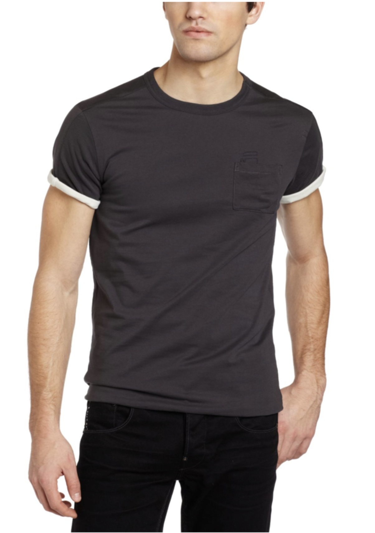 Bryan Carle THOB Original Men Clothing Top Short Sleeve T Shirt Charcoal White Rolled Sleeve Gstar Raw Bottoms Black Jeans Front