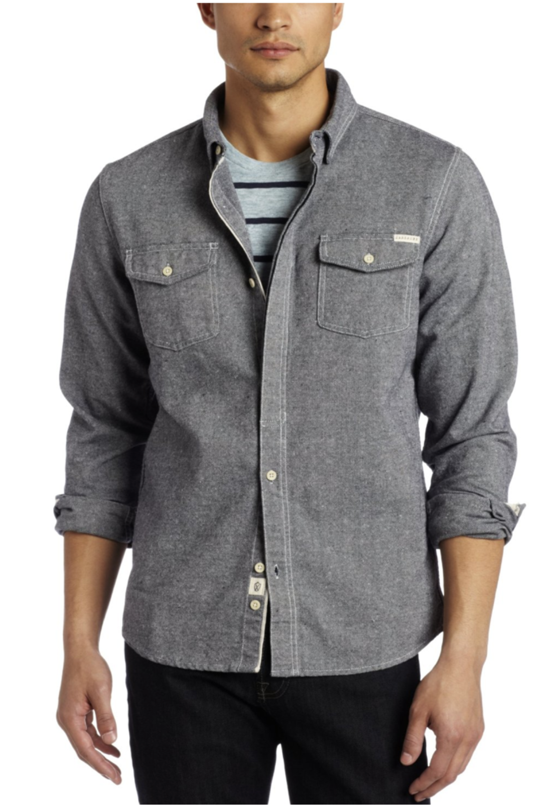 Bryan Carle THOB Original AF Men Clothing Top Button Up Long Sleeve Zanerobe Gray Blue Stripe Shirt Dark Indigo Blue Denim Bottoms In Studio Ecommerce Stylist White Background