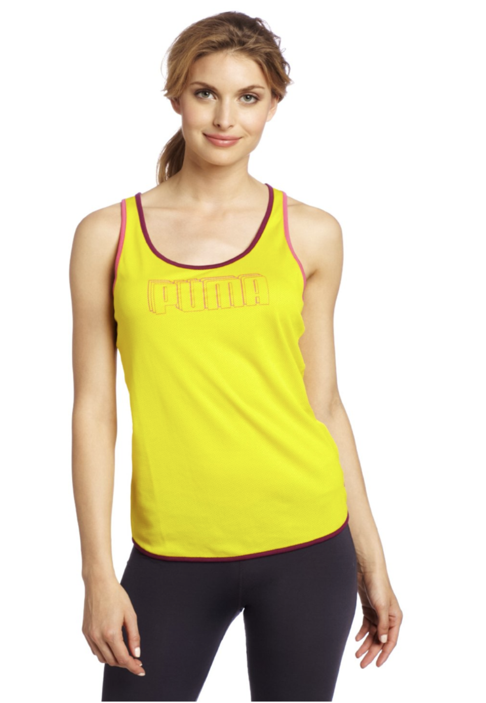 Bryan Carle THOB Original AF Women Clothing Top Tank Puma Yellow Raspberry Burgundy Edges Athletic Sportswear Active Studio White Background Stylist In Studio Ecommerce On Figure